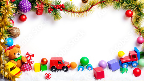 Festive holiday decorations with colorful toys and ornaments on a bright white background, capturing the spirit of Christmas cheer photo