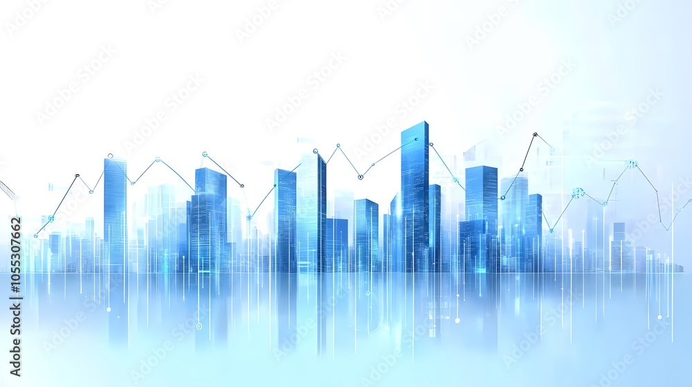 Minimalist Cityscape with Economic Data Elements and High-Rise Buildings in Blue Tones, Featuring Transparent Overlays and an Abstract Finance Theme to Represent Modern Business Growth in a Clean Minimalist Cityscape with Economic Data Elements and High-Rise Buildings in Blue Tones, Featuring Transparent Overlays and an Abstract Finance Theme to Represent Modern Business Growth in a Clean