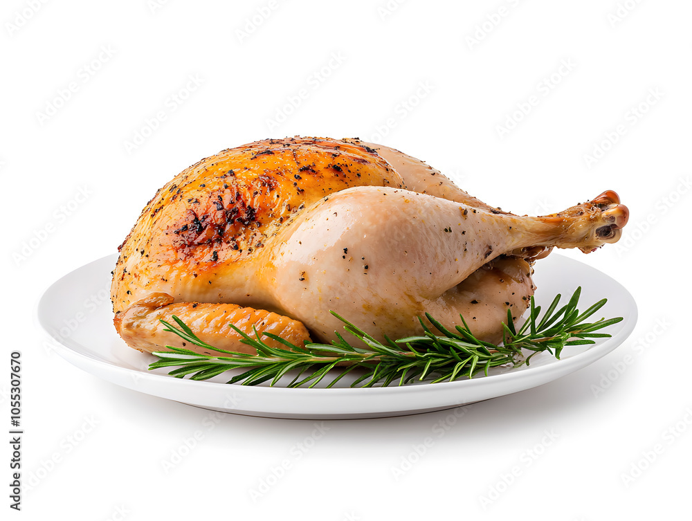 Roasted turkey on a platter, isolated on white background Roasted turkey on a platter, isolated on white background