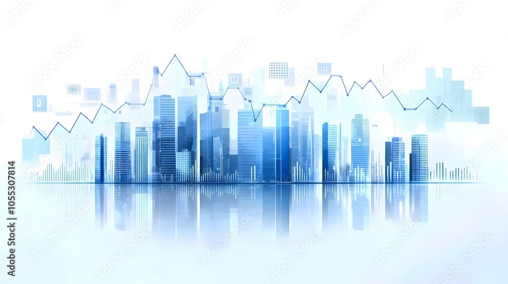 Minimalist Cityscape with Economic Data Elements and High-Rise Buildings in Blue Tones, Featuring Transparent Overlays and an Abstract Finance Theme to Represent Modern Business Growth in a Clean Minimalist Cityscape with Economic Data Elements and High-Rise Buildings in Blue Tones, Featuring Transparent Overlays and an Abstract Finance Theme to Represent Modern Business Growth in a Clean