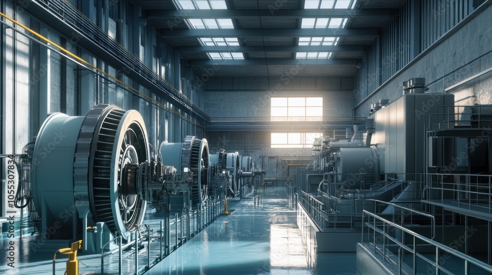 Fototapeta premium Industrial turbine station in a major hydropower plant, large-scale renewable power source.