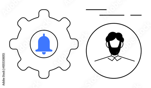 Gear with blue bell icon signifies notifications alongside a user profile icon. Ideal for user settings, alerts, profile management, notifications, system configurations, account settings, and online photo