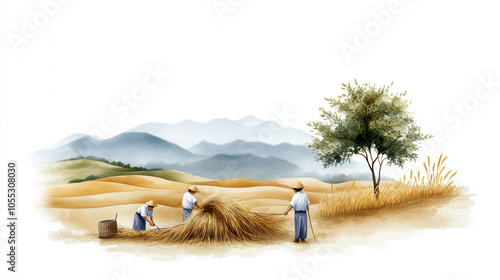 Traditional farming scene with workers threshing rice in serene landscape. image captures essence of agricultural life, showcasing harmony between nature and labor