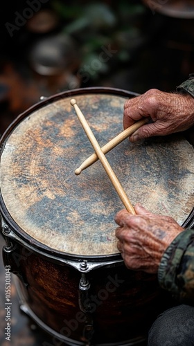 Hands playing a drum outdoors.