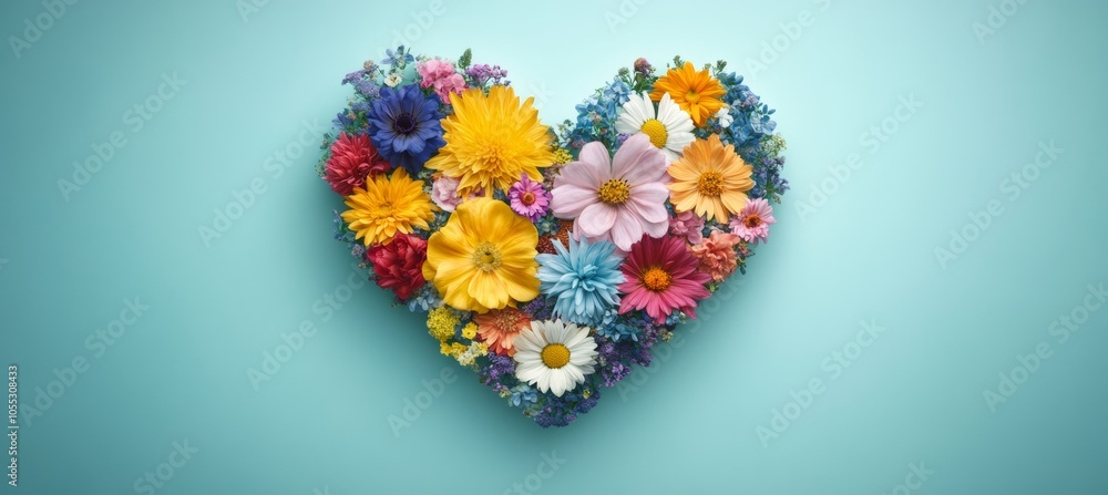 Colorful Flower Heart Arrangement on a Pastel Blue Background for Love and Romance Concepts Colorful Flower Heart Arrangement on a Pastel Blue Background for Love and Romance Concepts