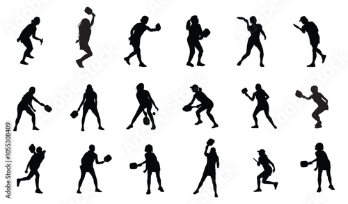 woman pickleball players silhouette vector set