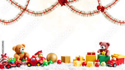 Festive holiday decorations with colorful toys and ornaments on a bright white background, capturing the spirit of Christmas cheer photo