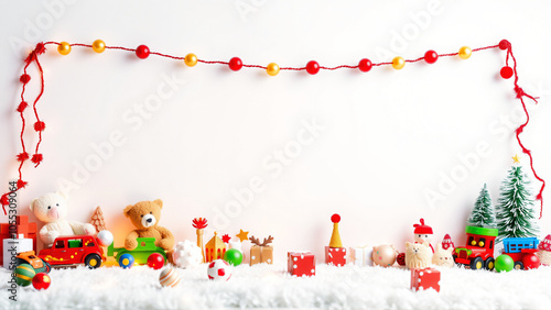 Festive holiday decorations with colorful toys and ornaments on a bright white background, capturing the spirit of Christmas cheer photo