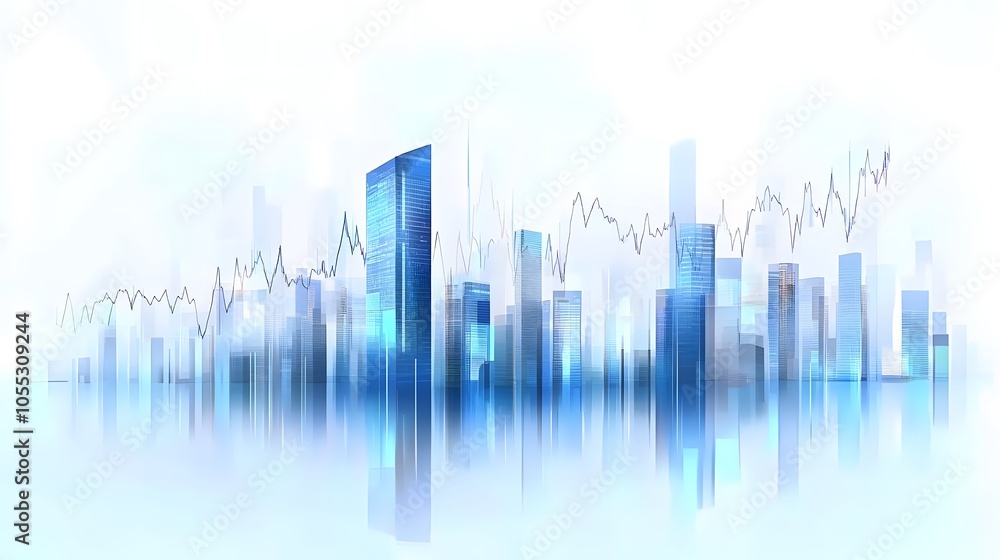 Urban Skyline with Abstract Data and Financial Growth Indicators Displayed in Soft Light with Blue and White Gradient, Representing Technological and Corporate Finance Visuals in a Minimalist Composit Urban Skyline with Abstract Data and Financial Growth Indicators Displayed in Soft Light with Blue and White Gradient, Representing Technological and Corporate Finance Visuals in a Minimalist Composit