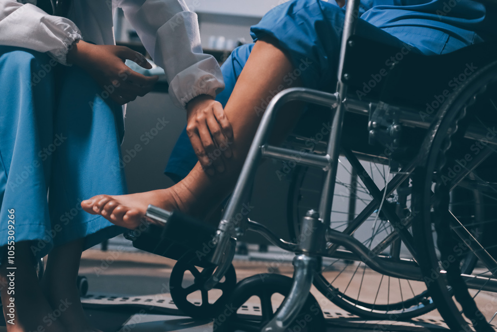 Physiotherapist nurse doing physiotherapy to rehabilitate leg of elderly female patient. Physiotherapist nurse doing physiotherapy to rehabilitate leg of elderly female patient.