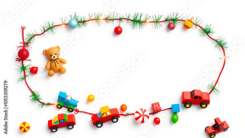 Festive holiday decorations with colorful toys and ornaments on a bright white background, capturing the spirit of Christmas cheer photo