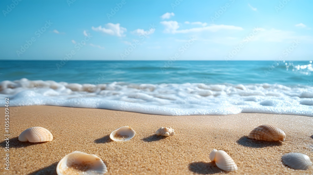 A beautiful beach with seashells scattered across the sand and gentle waves rolling in A beautiful beach with seashells scattered across the sand and gentle waves rolling in
