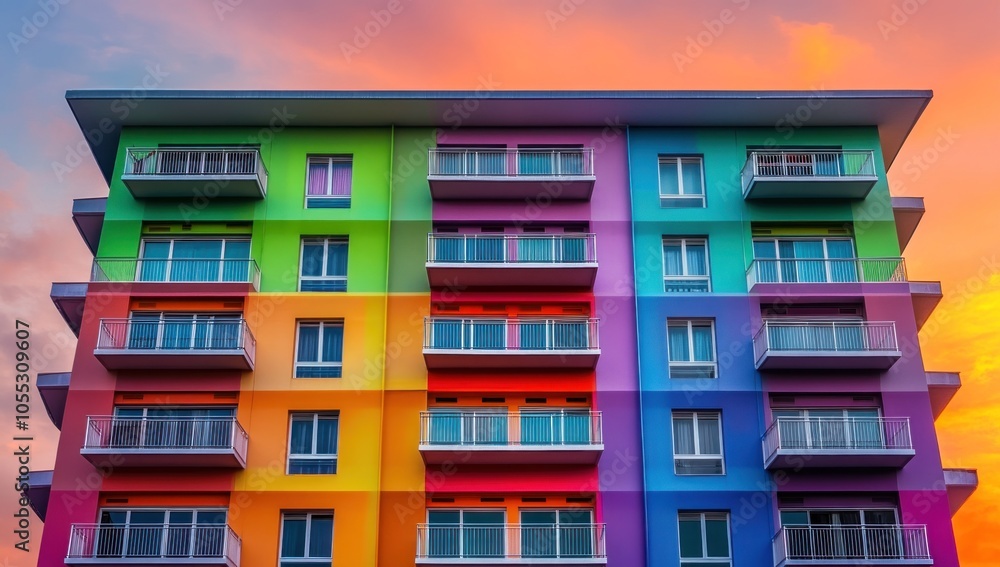Fototapeta premium Colorful Apartment Building Against Sunset