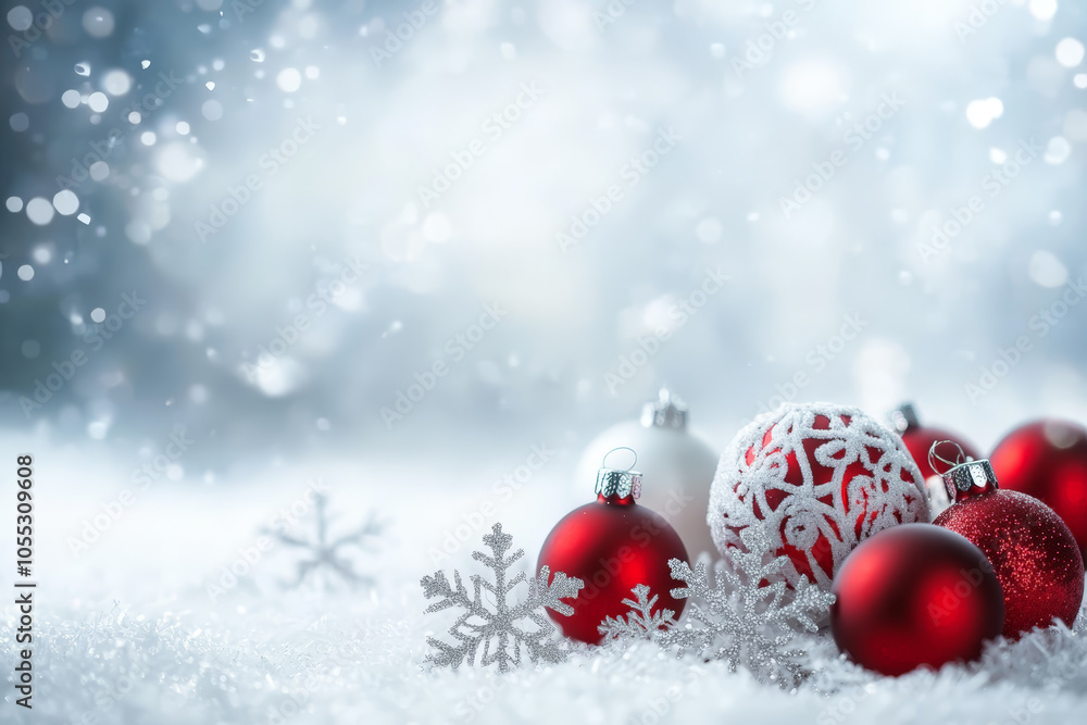 Modern White Christmas background with snowflakes and red balls. Greeting card, Happy New Year Modern White Christmas background with snowflakes and red balls. Greeting card, Happy New Year