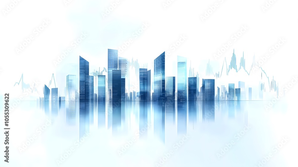 Obraz premium Urban Skyline with Abstract Data and Financial Growth Indicators Displayed in Soft Light with Blue and White Gradient, Representing Technological and Corporate Finance Visuals in a Minimalist Composit