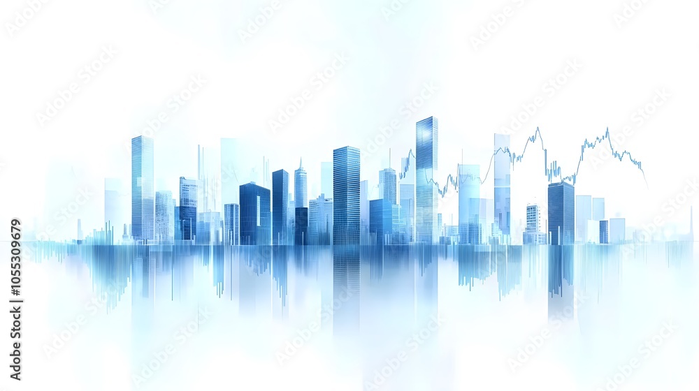 Urban Skyline with Abstract Data and Financial Growth Indicators Displayed in Soft Light with Blue and White Gradient, Representing Technological and Corporate Finance Visuals in a Minimalist Composit Urban Skyline with Abstract Data and Financial Growth Indicators Displayed in Soft Light with Blue and White Gradient, Representing Technological and Corporate Finance Visuals in a Minimalist Composit