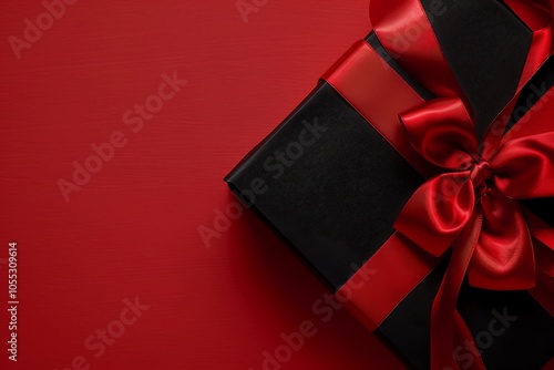 Elegant Black Gift Box with Bold Red Ribbon for Special Occasions photo