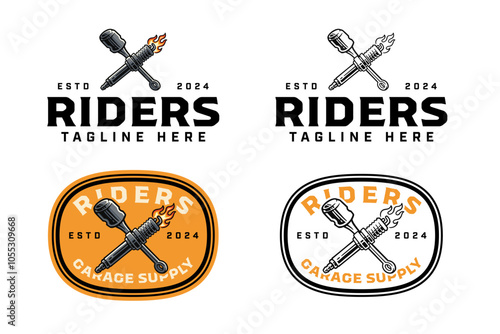 spark plug with engine piston crossed colorful outline logo design set for garage, automotive, motorcycle club spark plug with fire, piston illustration badge logo template for rider, racing sport 