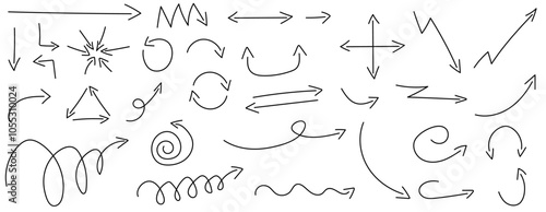 Collection of hand drawn arrows in different shapes such as: straight line, curve, circle, navigation, wave, zig zag in black marker color on transparent background. Isolated vector
