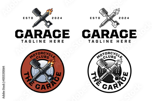 engine piston with spark plug crossed colorful outline logo design set for garage, automotive, motorcycle club piston, spark plug with fire illustration badge logo template for rider, racing sport