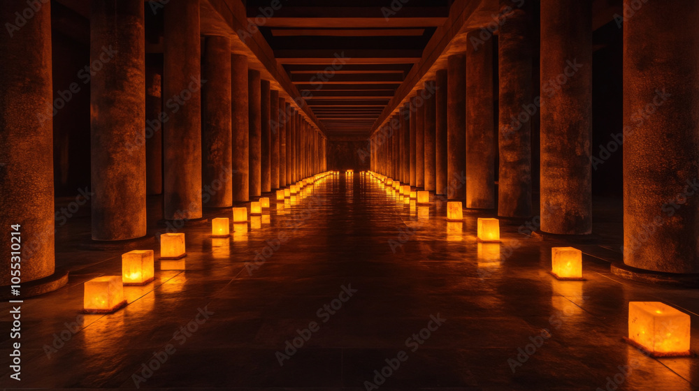 Fototapeta premium serene corridor illuminated by glowing lanterns, showcasing warm light reflecting on polished surfaces. atmosphere evokes tranquility and contemplation