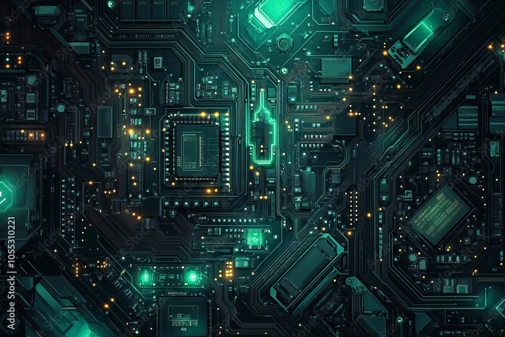Abstract Green Circuit Board with Glowing Elements Abstract Green Circuit Board with Glowing Elements