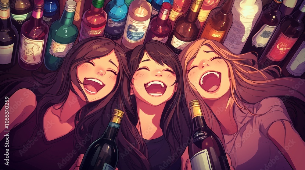 Obraz premium Three friends share laughter and wine during a lively evening gathering in a cozy space filled with bottles