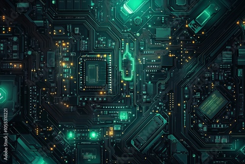 Abstract Green Circuit Board with Glowing Elements