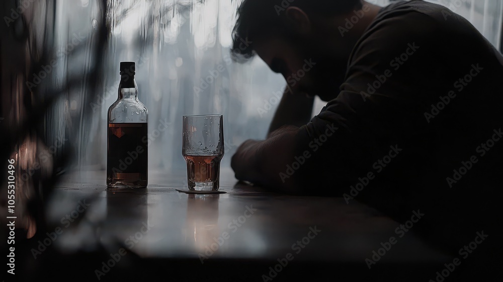 A man with his head down on the table clutches an empty whiskey glass, embodying the weight of his intoxication. A nearby bottle hints at a night of excess, while the stark white walls highlight his s A man with his head down on the table clutches an empty whiskey glass, embodying the weight of his intoxication. A nearby bottle hints at a night of excess, while the stark white walls highlight his s
