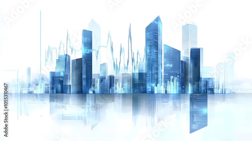 Corporate Cityscape with Financial Data Overlay Featuring Skyscrapers, Futuristic Data Lines, and Transparent Architecture in Digital Blue Glow, Highlighting Economic Progress and Professional Modern 