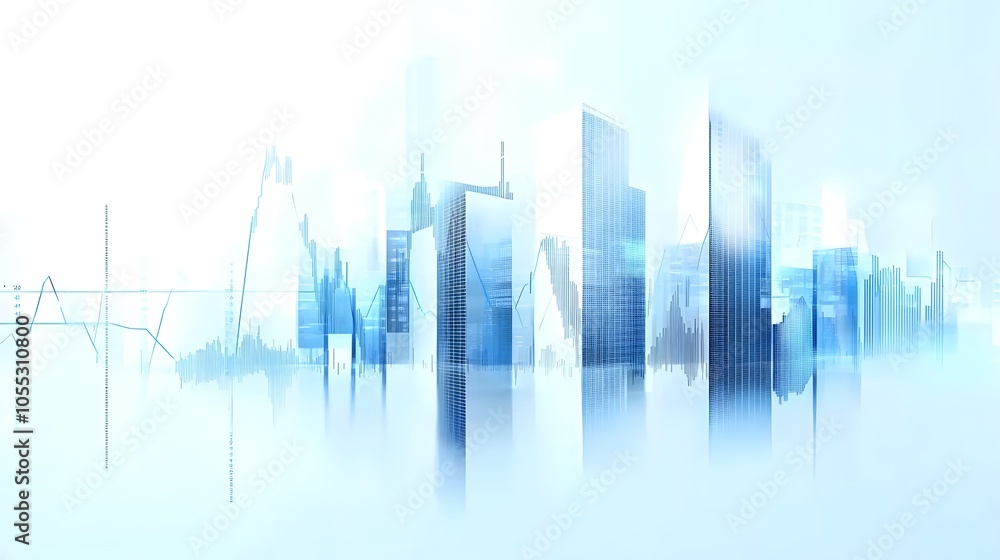 Corporate Cityscape with Financial Data Overlay Featuring Skyscrapers, Futuristic Data Lines, and Transparent Architecture in Digital Blue Glow, Highlighting Economic Progress and Professional Modern Corporate Cityscape with Financial Data Overlay Featuring Skyscrapers, Futuristic Data Lines, and Transparent Architecture in Digital Blue Glow, Highlighting Economic Progress and Professional Modern