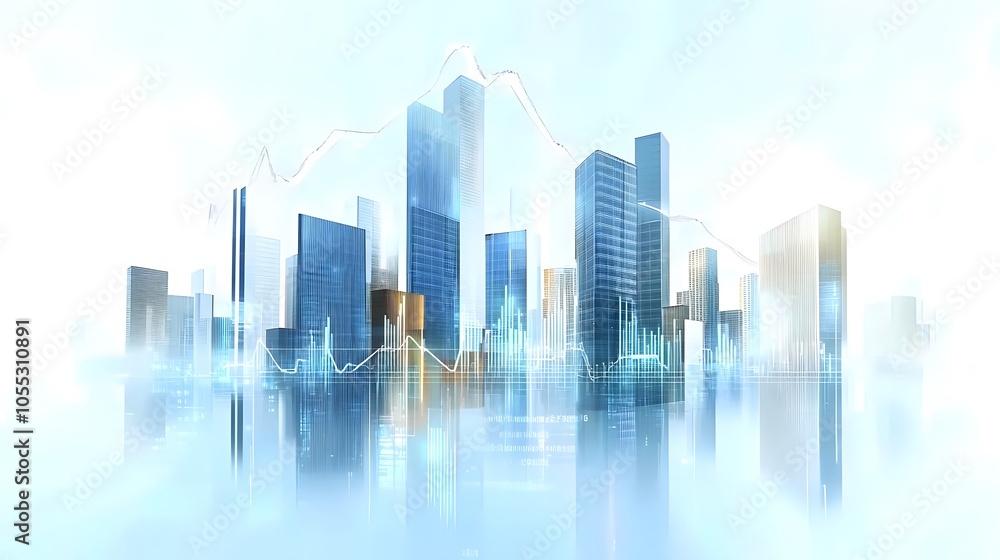 Corporate Cityscape with Financial Data Overlay Featuring Skyscrapers, Futuristic Data Lines, and Transparent Architecture in Digital Blue Glow, Highlighting Economic Progress and Professional Modern Corporate Cityscape with Financial Data Overlay Featuring Skyscrapers, Futuristic Data Lines, and Transparent Architecture in Digital Blue Glow, Highlighting Economic Progress and Professional Modern