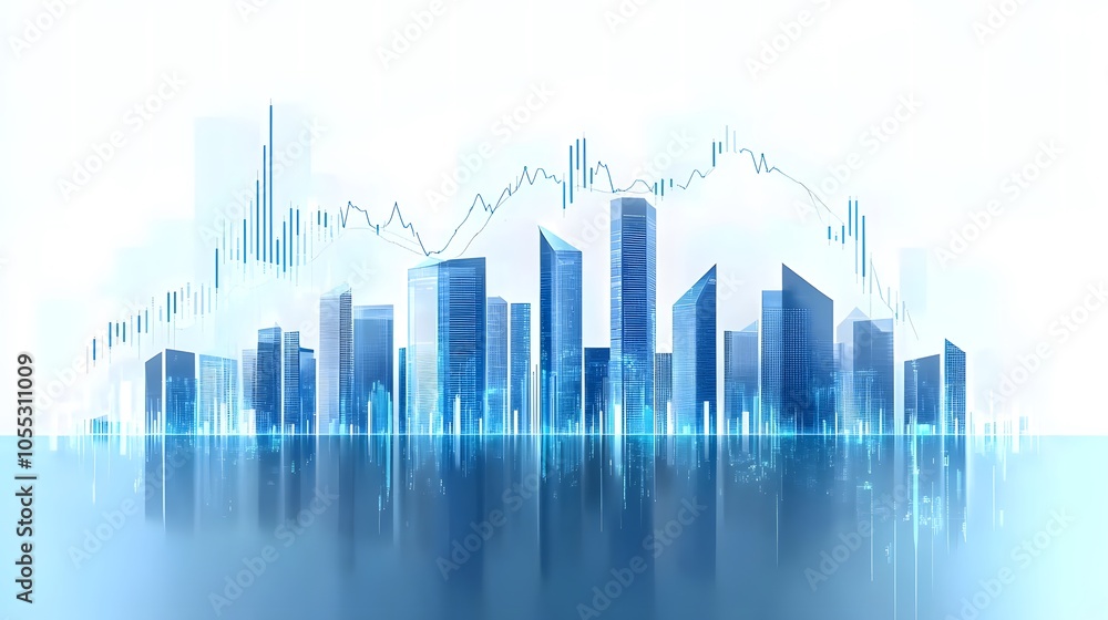 Fototapeta premium Modern Skyscrapers with Economic Growth Chart Overlays Representing Digital Finance and Analytics in Futuristic, Minimalist Blue and White Cityscape, Highlighting Business and Economic Growth Concepts