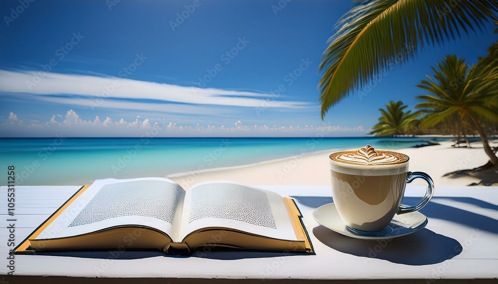 an open book and a cup of cappuccino on a white table on the beach an open book and a cup of cappuccino on a white table on the beach