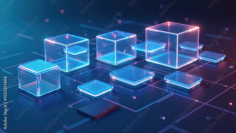Cool and futuristic 3D rendering with glowing cubes and digital grid on dark background. Cool and futuristic 3D rendering with glowing cubes and digital grid on dark background.