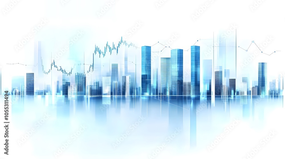 Modern Skyscrapers with Economic Growth Chart Overlays Representing Digital Finance and Analytics in Futuristic, Minimalist Blue and White Cityscape, Highlighting Business and Economic Growth Concepts Modern Skyscrapers with Economic Growth Chart Overlays Representing Digital Finance and Analytics in Futuristic, Minimalist Blue and White Cityscape, Highlighting Business and Economic Growth Concepts
