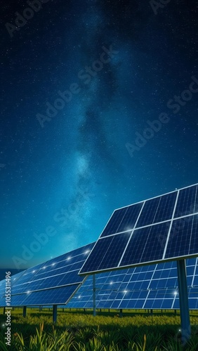 Solar panels in the night field with starry sky solar panel Ultra realistic Photorealistic  photo