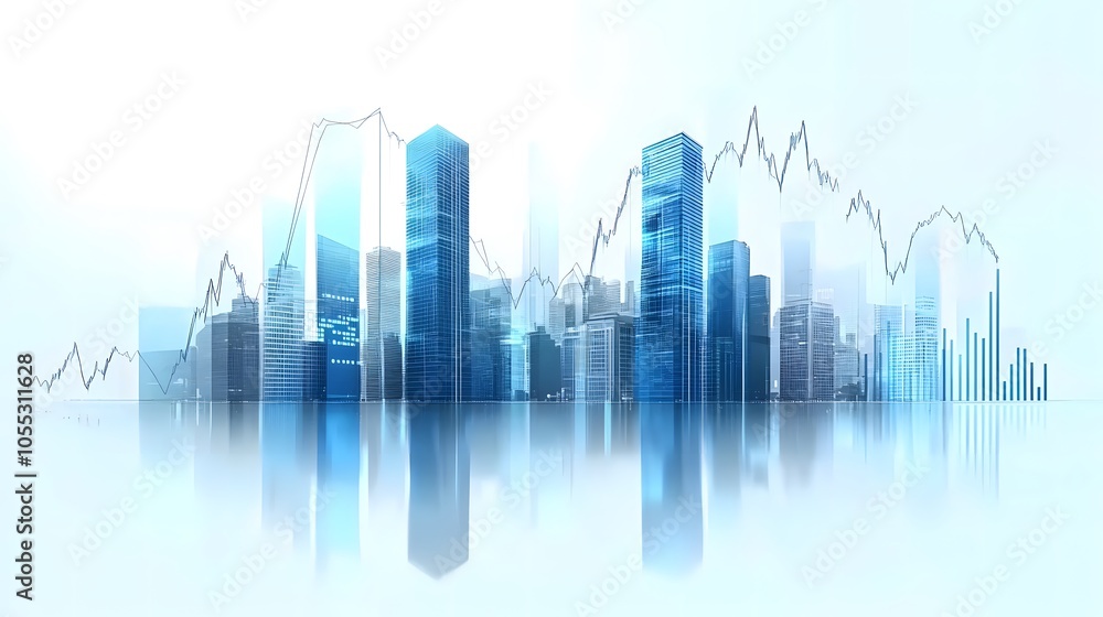 Fototapeta premium Modern Skyscrapers with Economic Growth Chart Overlays Representing Digital Finance and Analytics in Futuristic, Minimalist Blue and White Cityscape, Highlighting Business and Economic Growth Concepts