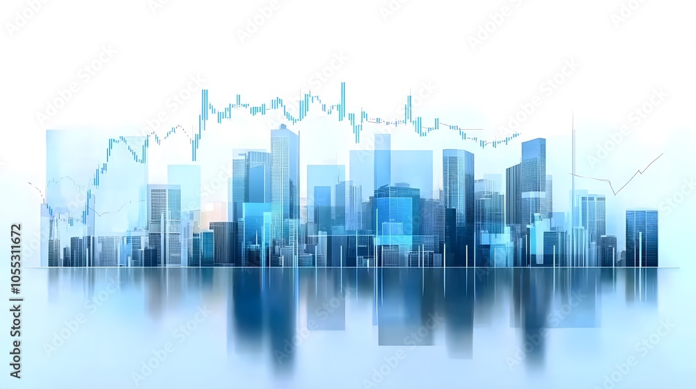 Modern Skyscrapers with Economic Growth Chart Overlays Representing Digital Finance and Analytics in Futuristic, Minimalist Blue and White Cityscape, Highlighting Business and Economic Growth Concepts Modern Skyscrapers with Economic Growth Chart Overlays Representing Digital Finance and Analytics in Futuristic, Minimalist Blue and White Cityscape, Highlighting Business and Economic Growth Concepts