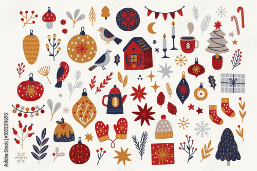 Christmas set - garland, house, fir tree, candles, cake, berries, mittens, hat, socks, candy cane, balls on white background. Perfect for winter greeting cards, decorations. Vector illustration