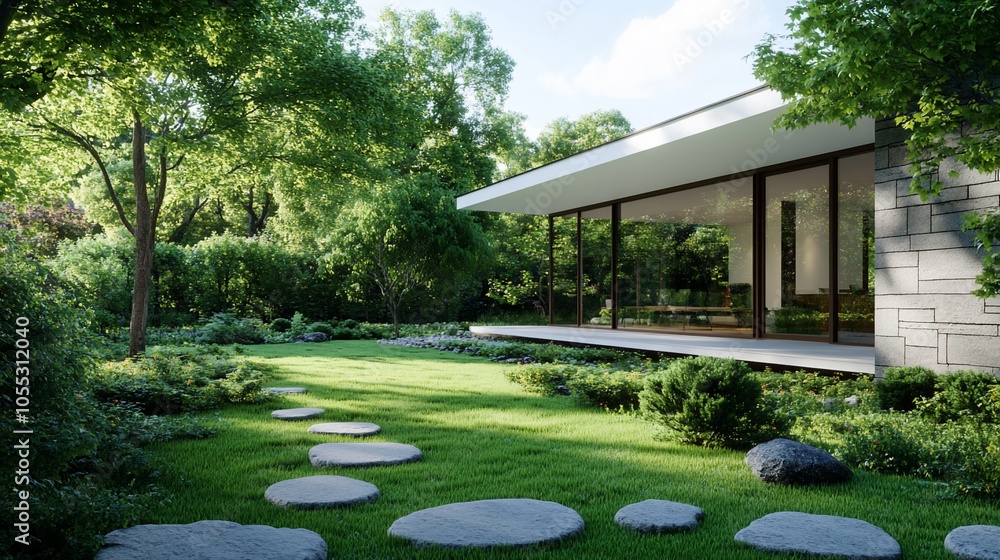 Modern house with large windows and a stone path leading to the front door. Modern house with large windows and a stone path leading to the front door.