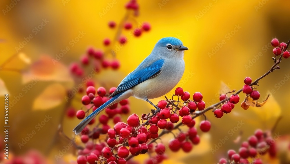 Blue Bird Perched on a Branch with Red Berries Blue Bird Perched on a Branch with Red Berries