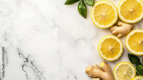 Fresh ginger root and lemon slices on a marble surface, vegan ingredients, immunityboosting food concept photo