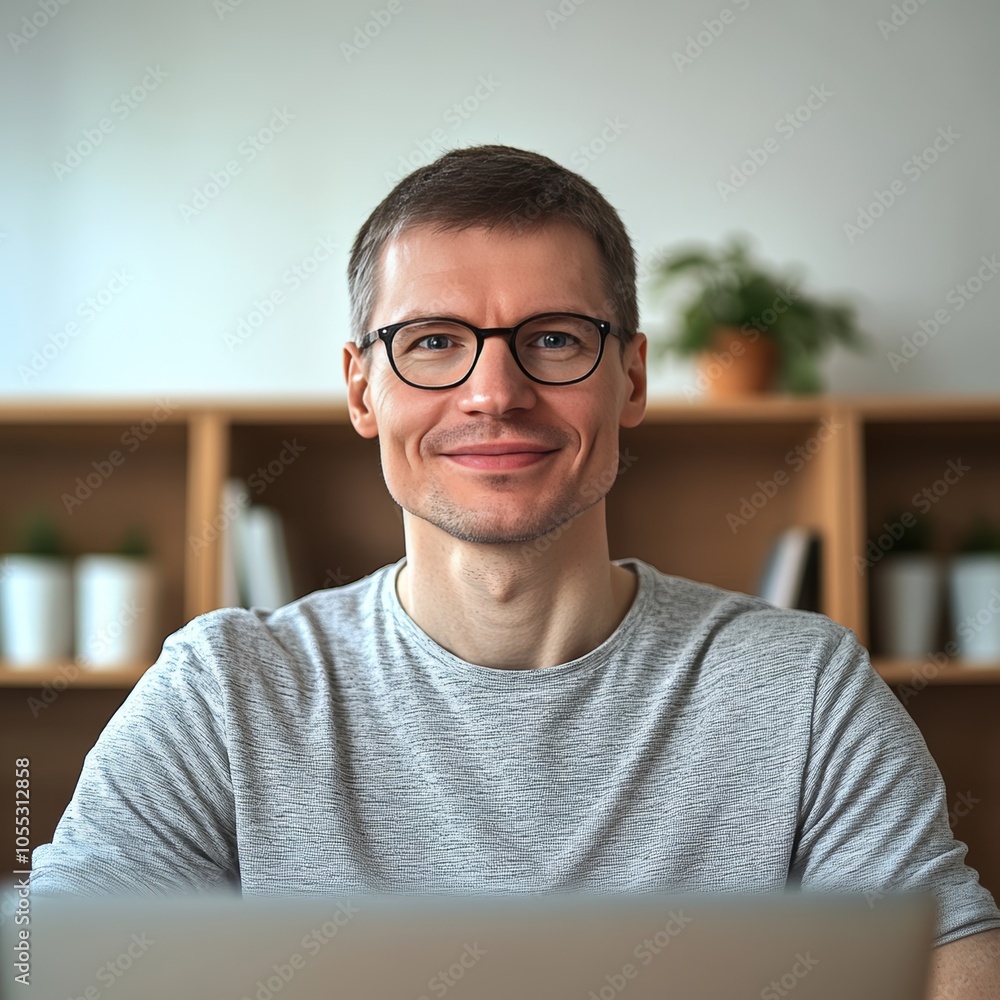 Portrait of a Smiling Young Man with Glasses Working on a Laptop at Home in his Home Office Portrait of a Smiling Young Man with Glasses Working on a Laptop at Home in his Home Office