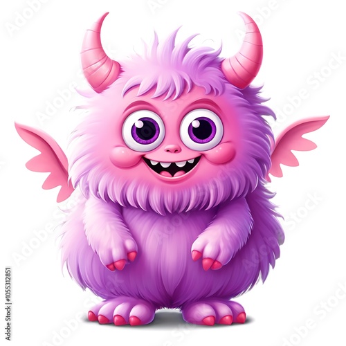 A cute pink monster with wings and horns smiles cheerfully.