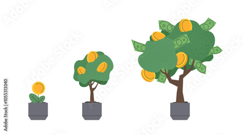 Money tree with gold coins and paper dollar. Financial and investment growth. Planting and growing money in pot. Vector illustation.