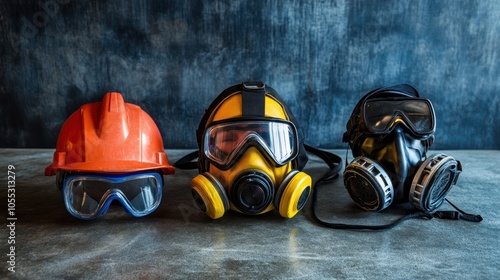 Protective equipment for confined spaces, including compact respiratory and eye protection gear for worker safety.