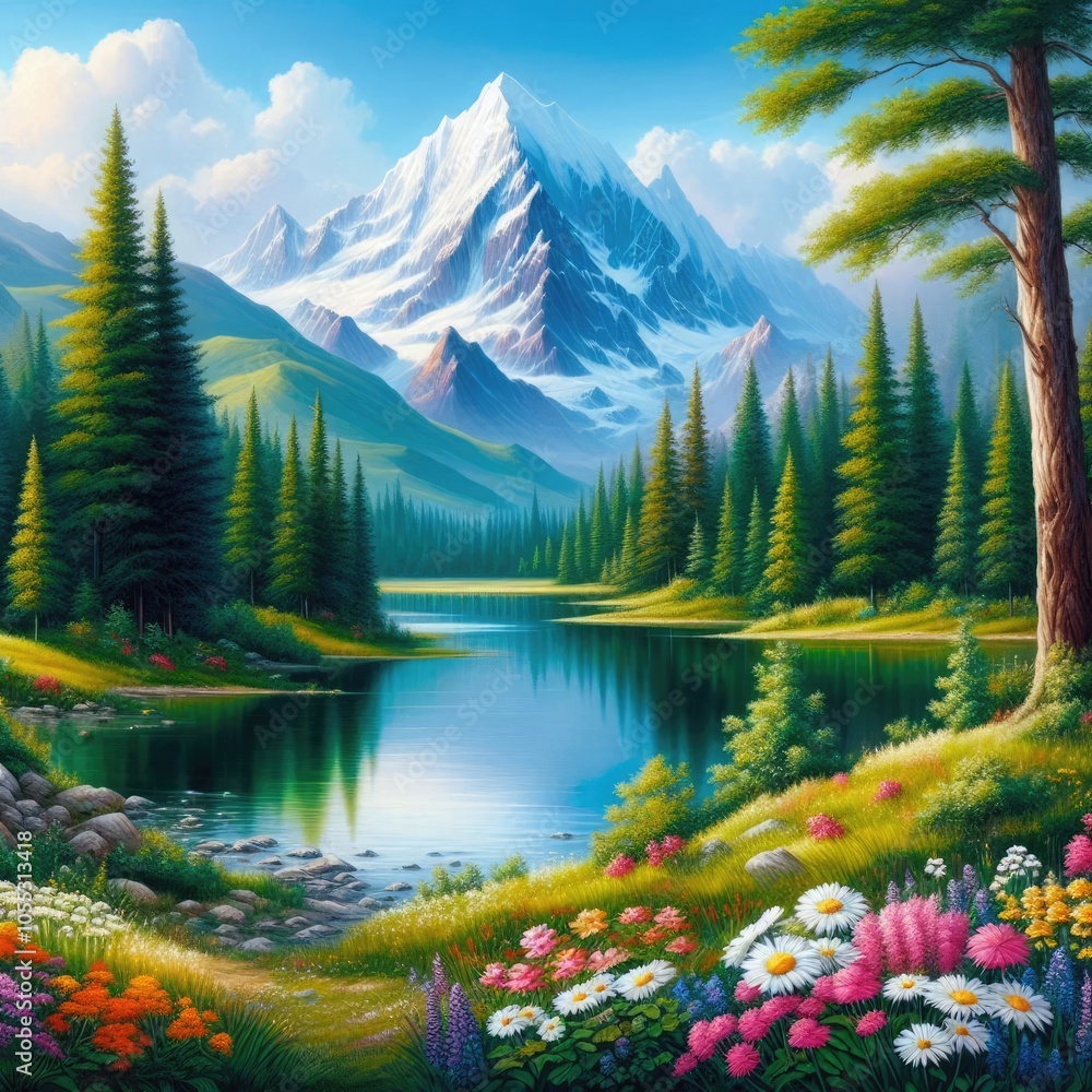 watercolor painting of a mountain with a lake