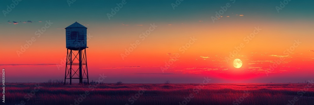 Old water tower silhouette, vibrant twilight sky, rising moon, serene evening atmosphere, captivating urban landscape Old water tower silhouette, vibrant twilight sky, rising moon, serene evening atmosphere, captivating urban landscape