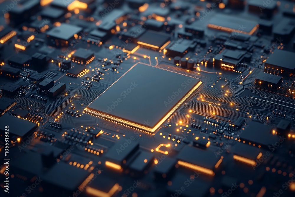 Closeup of a Circuit Board with a Microchip Closeup of a Circuit Board with a Microchip